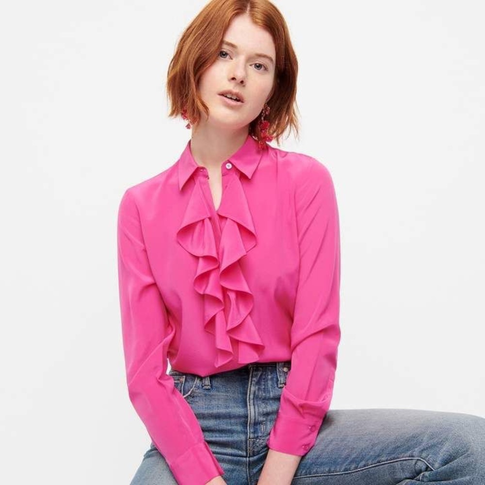 J. Crew Collection Silk ruffle-front blouse, Re-Imagined, Fuchsia Pink, 2